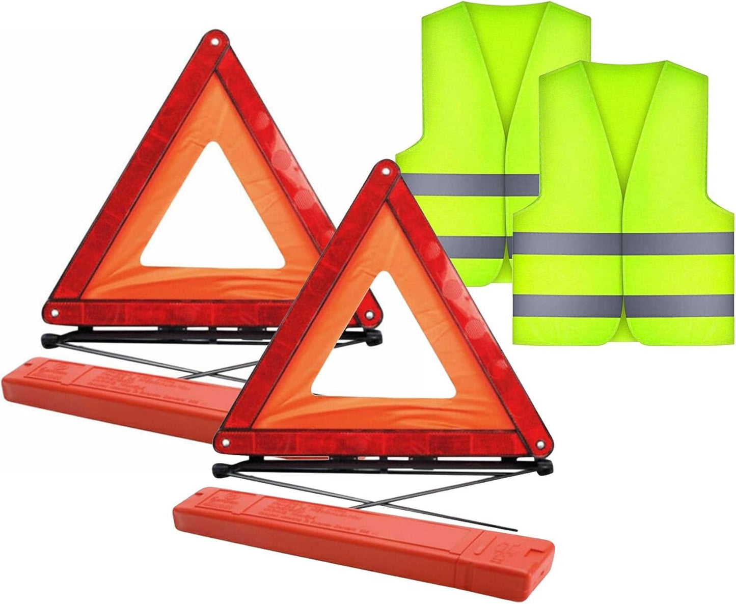 Roadside Emergency Breakdown Warning Triangle & Hi-Vis Vest Kit Pair - Car Road Safety Reflective Triangle X 2 & High Visibility Vest X2 for UK and European Travel