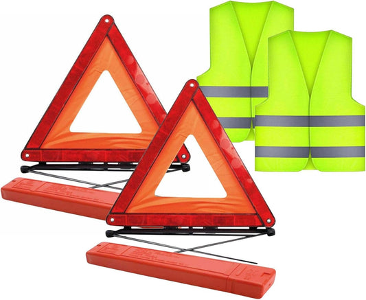 Roadside Emergency Breakdown Warning Triangle & Hi-Vis Vest Kit Pair - Car Road Safety Reflective Triangle X 2 & High Visibility Vest X2 for UK and European Travel